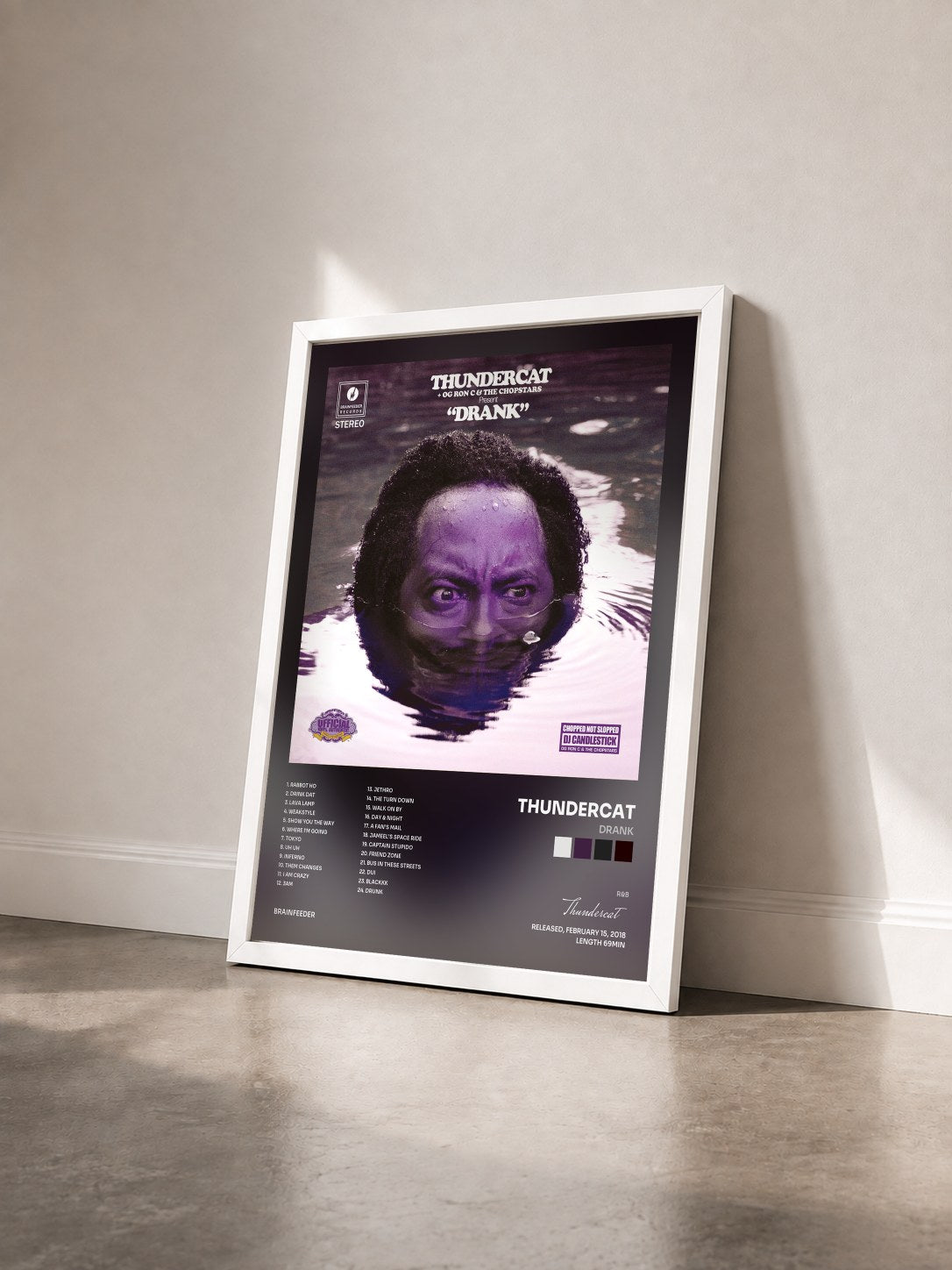 #blanc Tableau de l'album Drank de Thundercat vu de trois quarts, cadre blanc