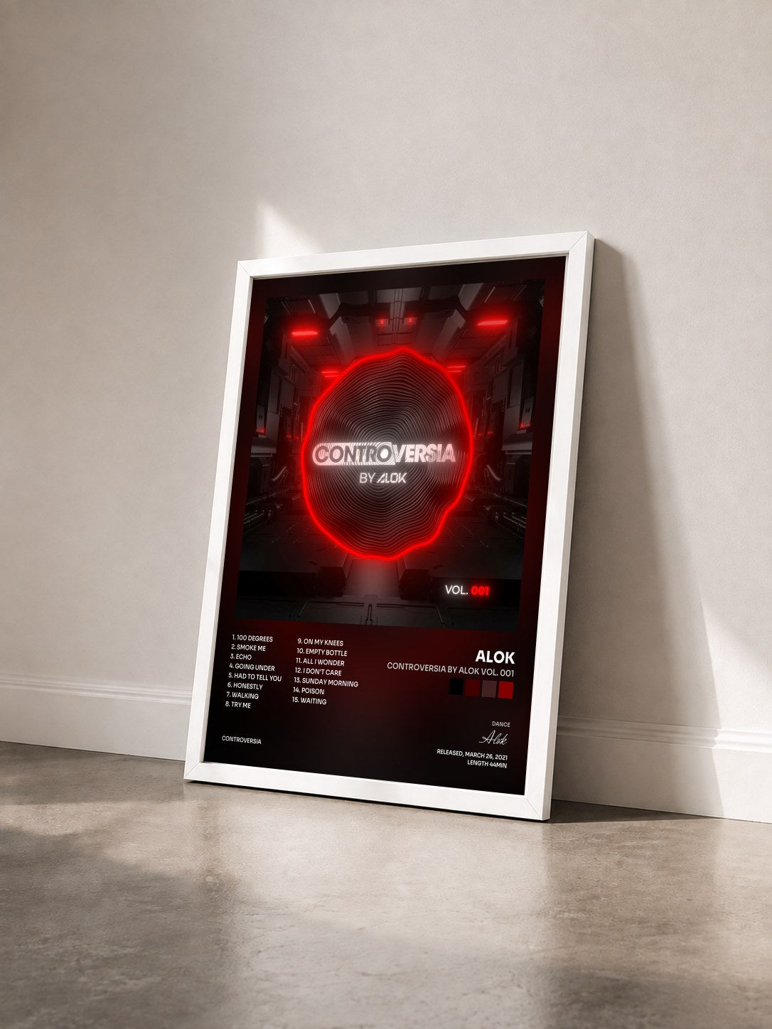 #blanc Tableau de l'album CONTROVERSIA by Alok Vol. 001 de Alok vu de trois quarts, cadre blanc