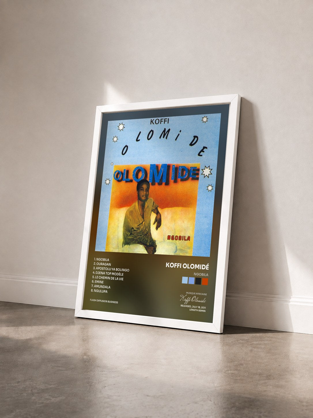 #blanc Tableau de l'album Ngobila de Koffi Olomidé vu de trois quarts, cadre blanc