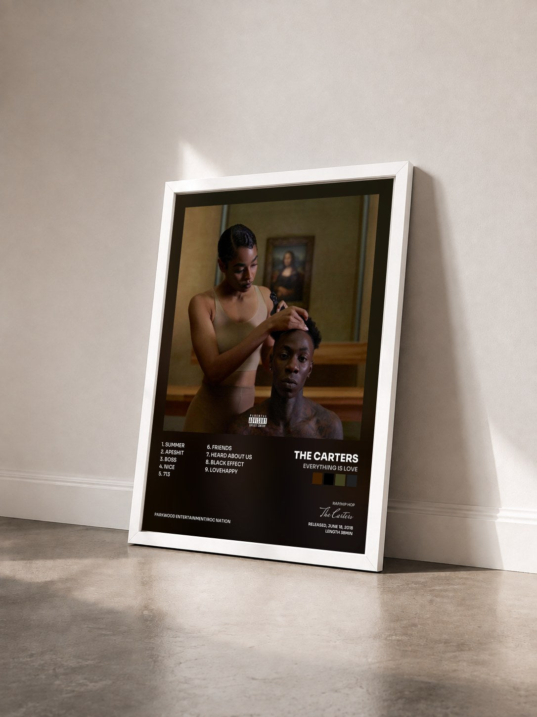 #blanc Tableau de l'album EVERYTHING IS LOVE de The Carters vu de trois quarts, cadre blanc