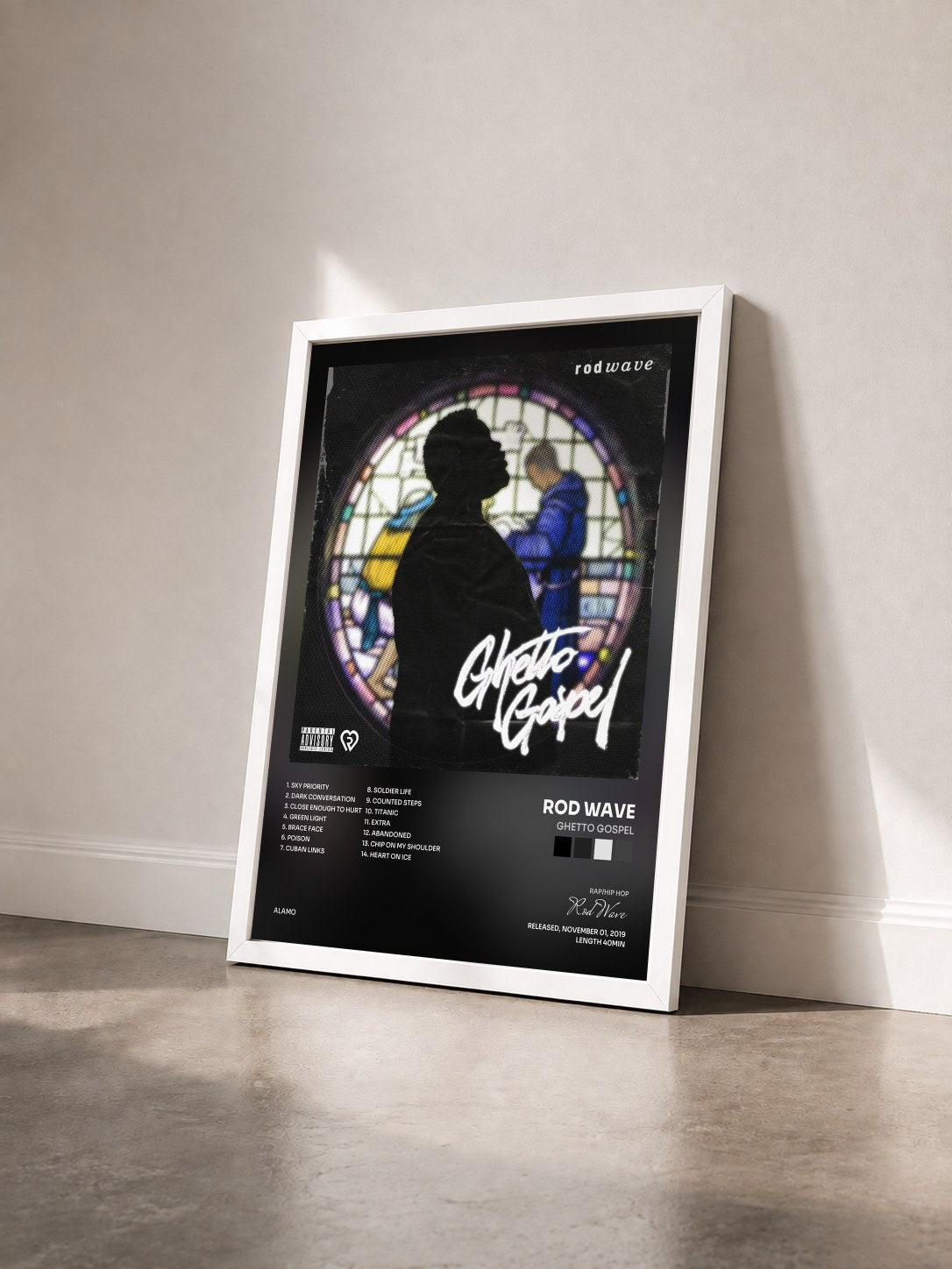 #blanc Tableau de l'album Ghetto Gospel de Rod Wave vu de trois quarts, cadre blanc