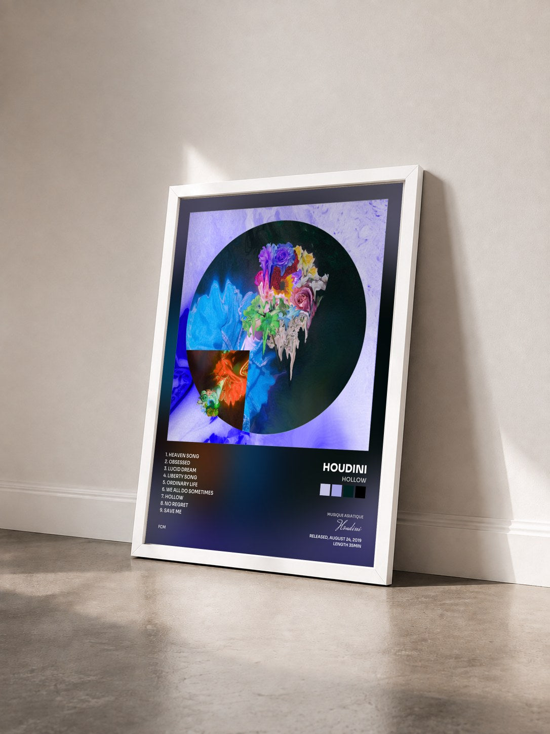 #blanc Tableau de l'album HOLLOW de Houdini vu de trois quarts, cadre blanc