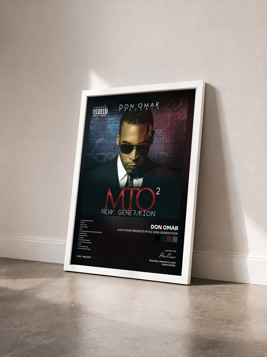 #blanc Tableau de l'album Don Omar Presents MTO2: New Generation de Don Omar vu de trois quarts, cadre blanc