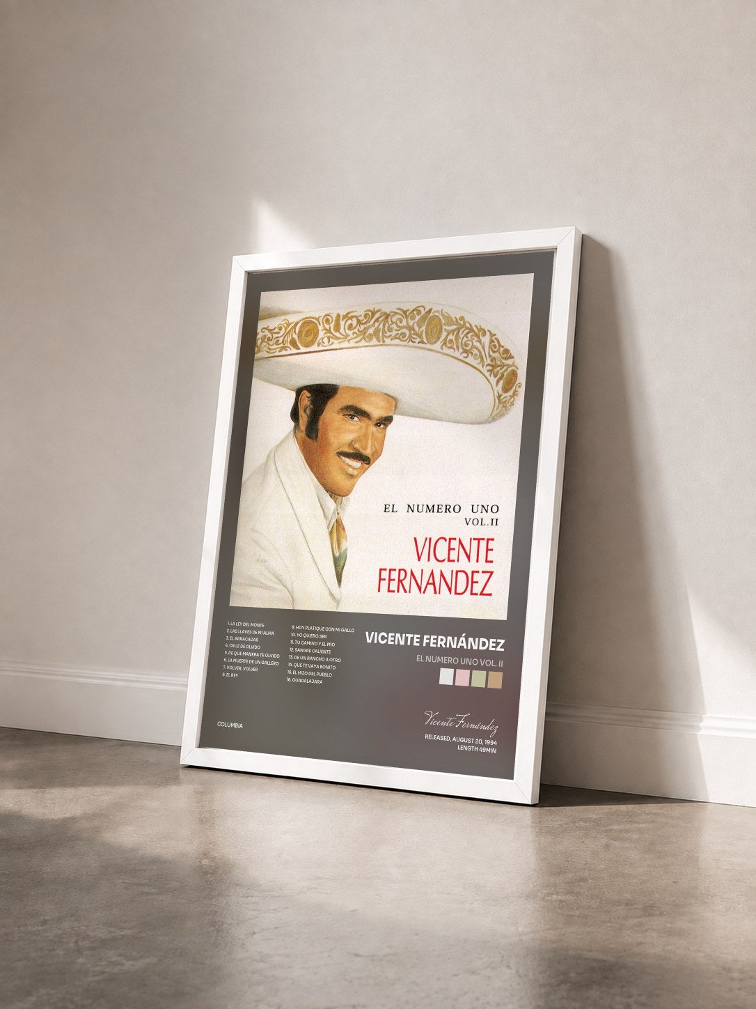 #blanc Tableau de l'album El Numero Uno Vol. II de Vicente Fernández vu de trois quarts, cadre blanc