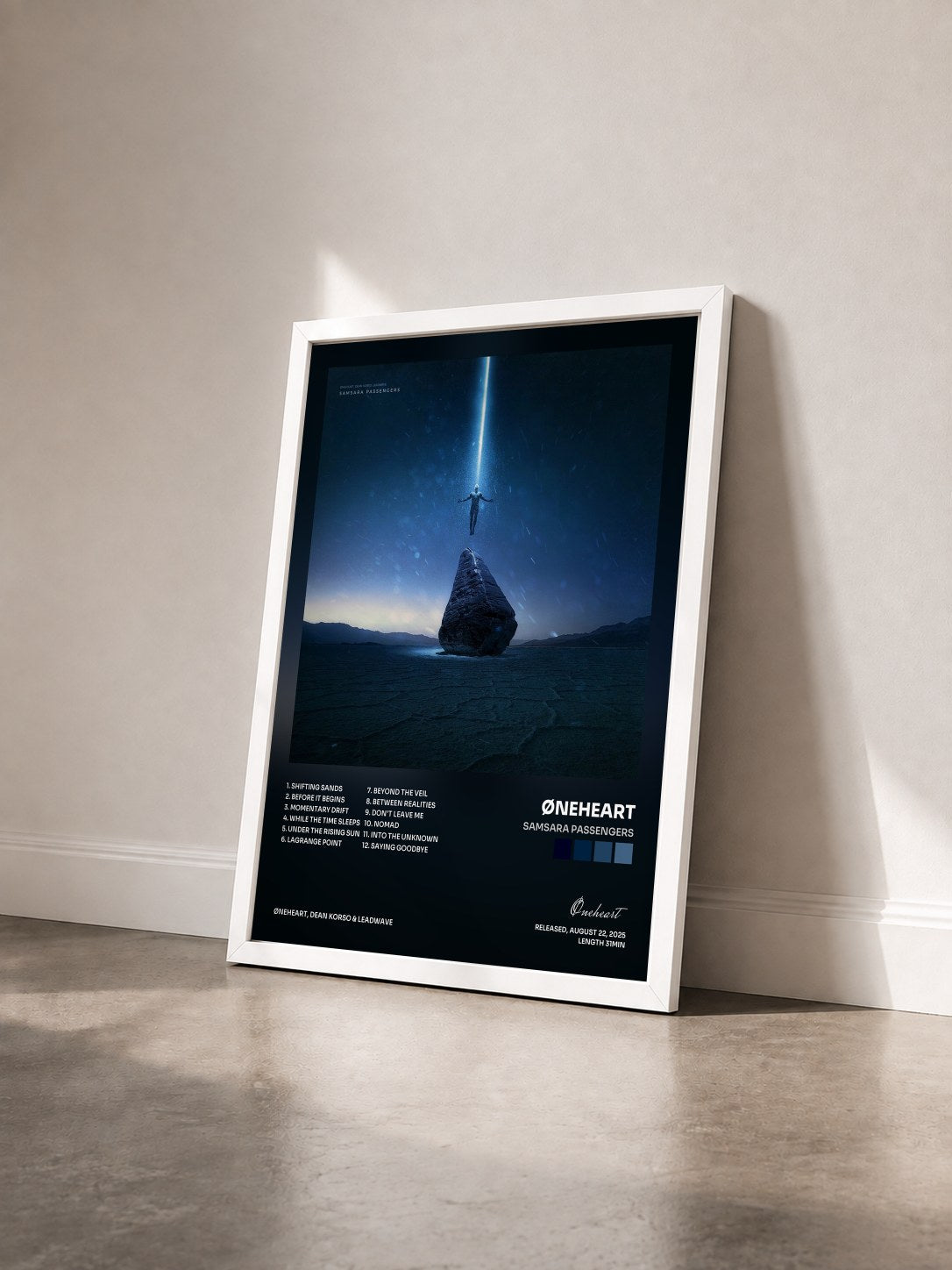#blanc Tableau de l'album Samsara Passengers de Øneheart vu de trois quarts, cadre blanc