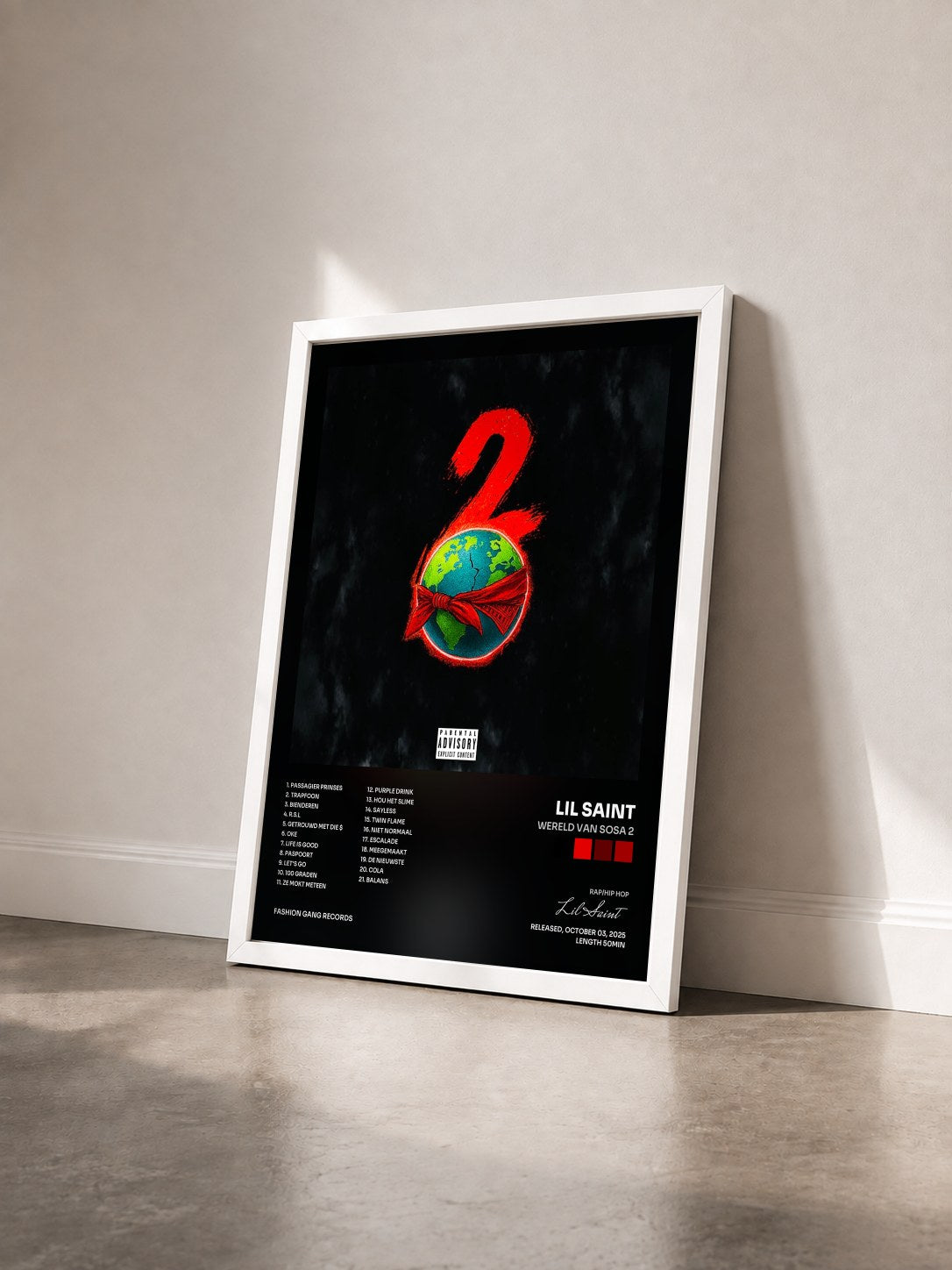 #blanc Tableau de l'album Wereld Van Sosa 2 de Lil Saint vu de trois quarts, cadre blanc