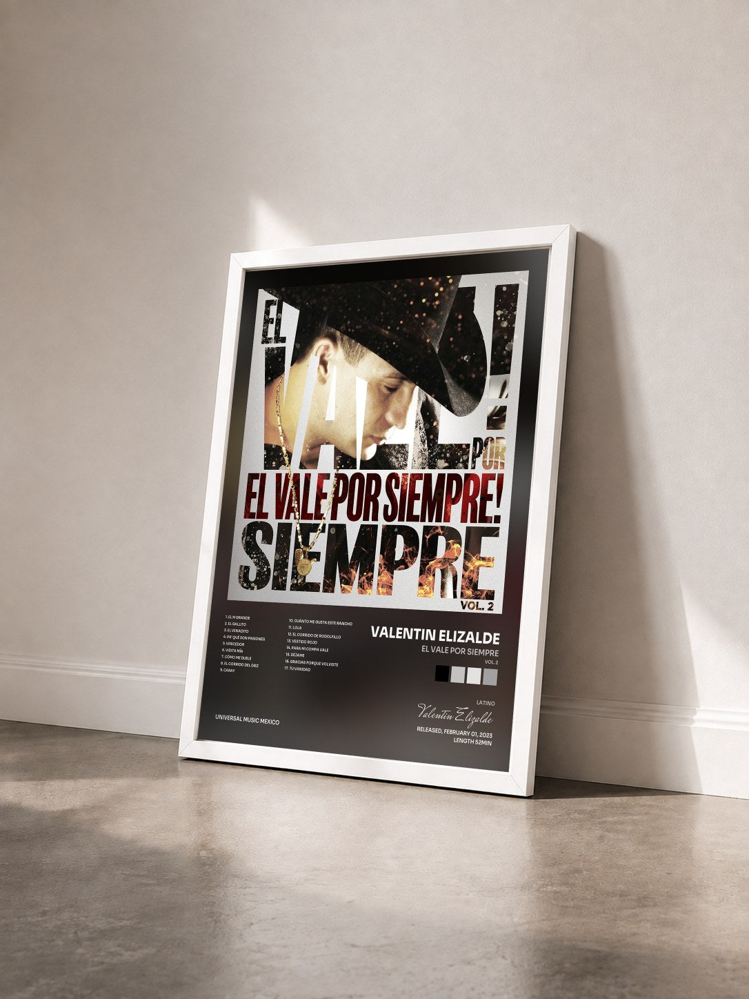 #blanc Tableau de l'album El Vale Por Siempre (Vol. 2) de Valentin Elizalde vu de trois quarts, cadre blanc