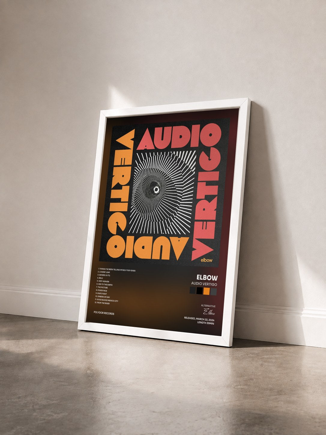 #blanc Tableau de l'album AUDIO VERTIGO de Elbow vu de trois quarts, cadre blanc