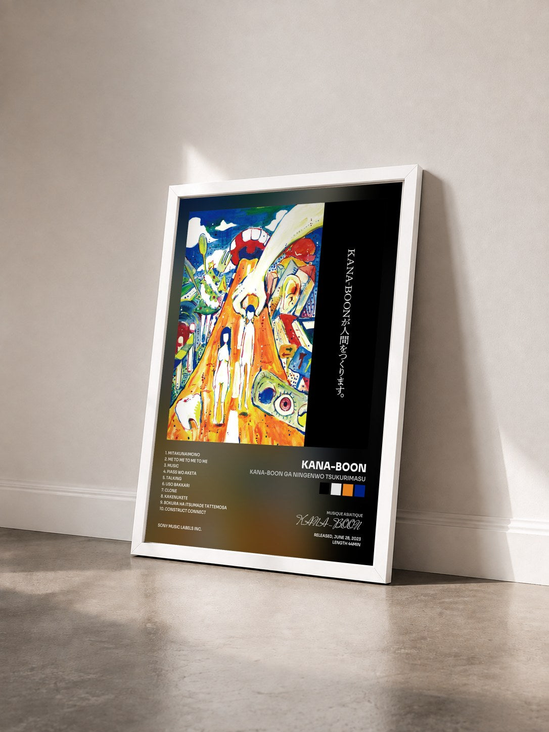 #blanc Tableau de l'album KANA-BOON GA NINGENWO TSUKURIMASU de KANA-BOON vu de trois quarts, cadre blanc
