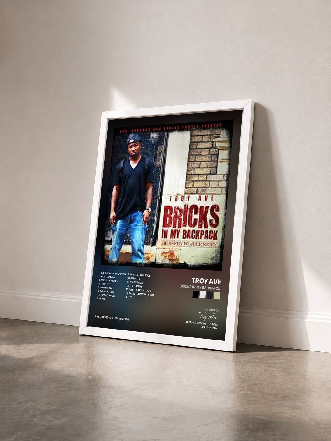 #blanc Tableau de l'album Bricks In My Backpack de Troy Ave vu de trois quarts, cadre blanc
