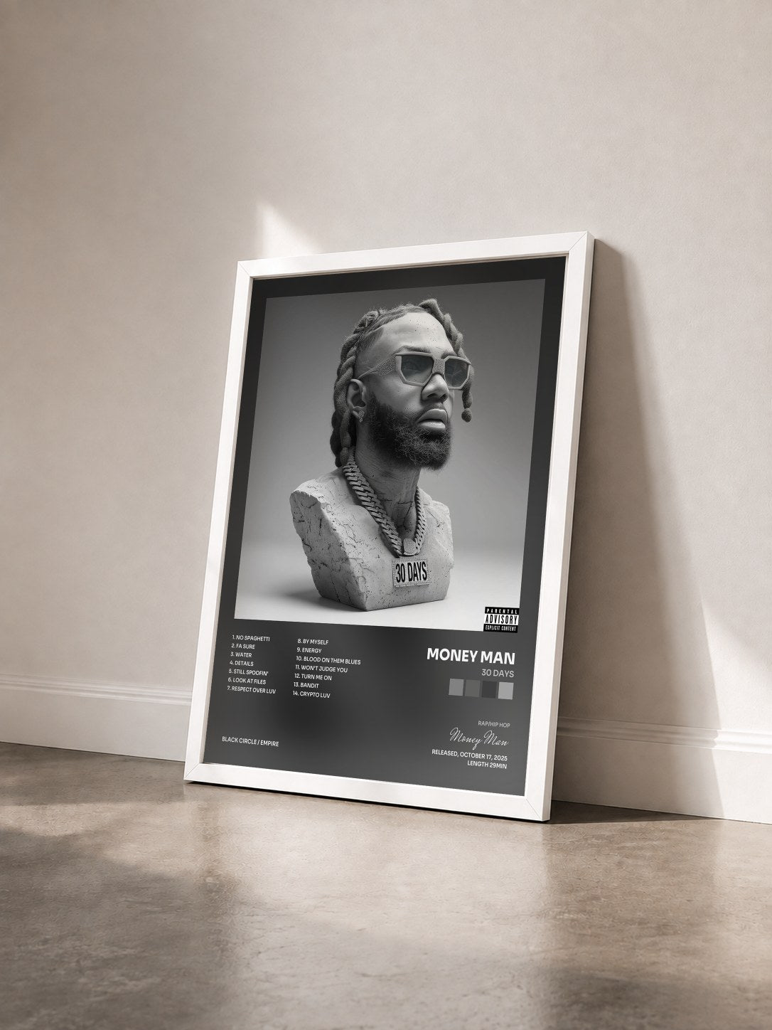 #blanc Tableau de l'album 30 Days de Money Man vu de trois quarts, cadre blanc
