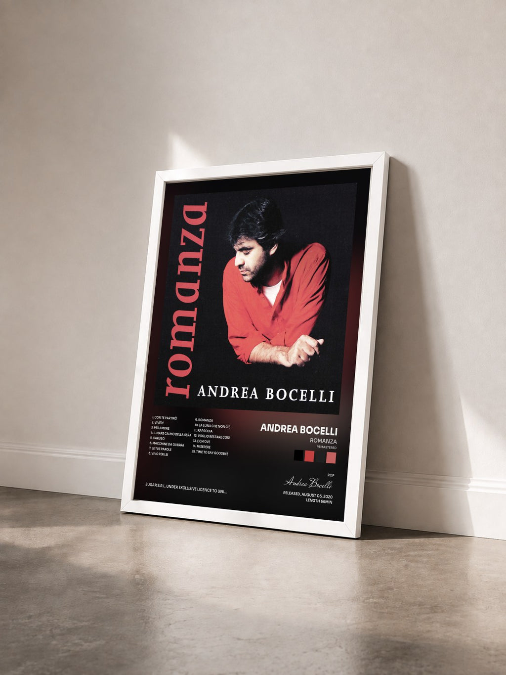 #blanc Tableau de l'album Romanza (Remastered) de Andrea Bocelli vu de trois quarts, cadre blanc