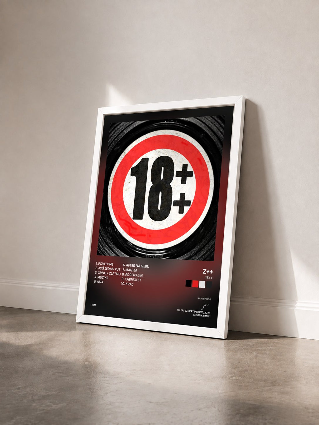 #blanc Tableau de l'album 18++ de z++ vu de trois quarts, cadre blanc