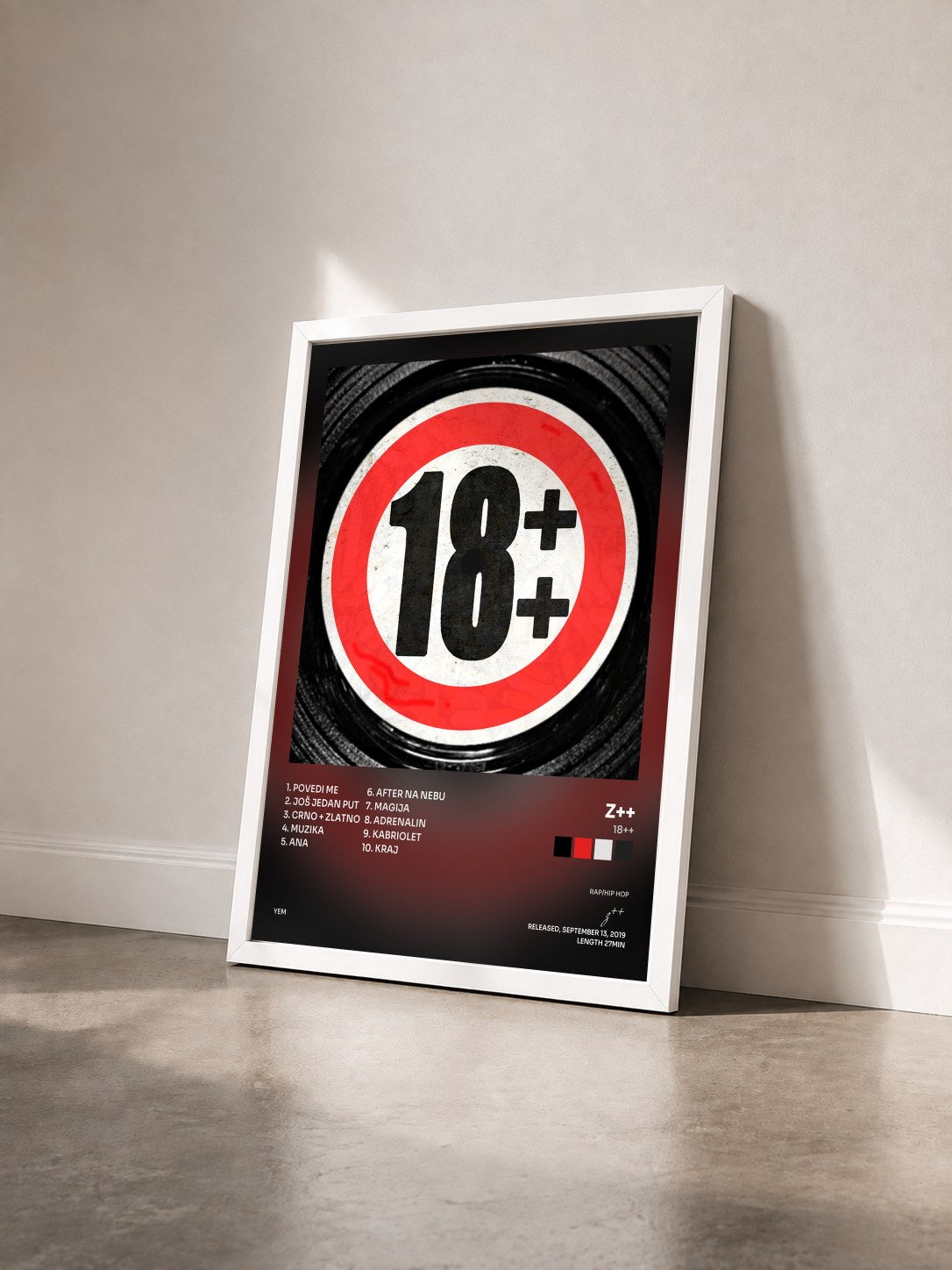 #blanc Tableau de l'album 18++ de z++ vu de trois quarts, cadre blanc