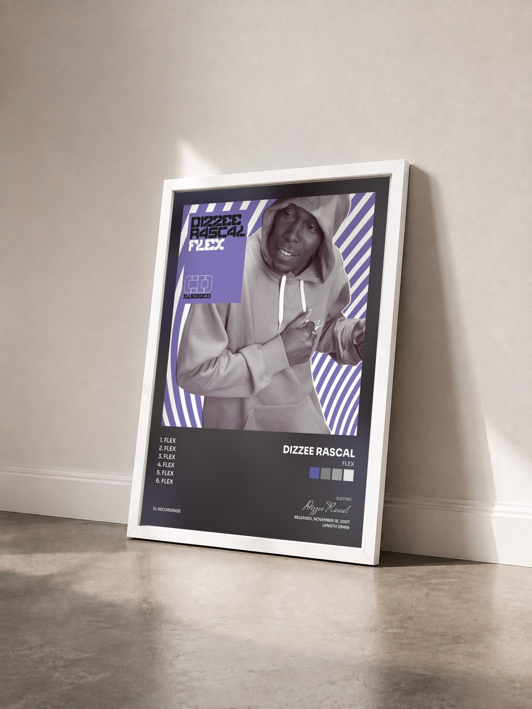 #blanc Tableau de l'album Flex de Dizzee Rascal vu de trois quarts, cadre blanc