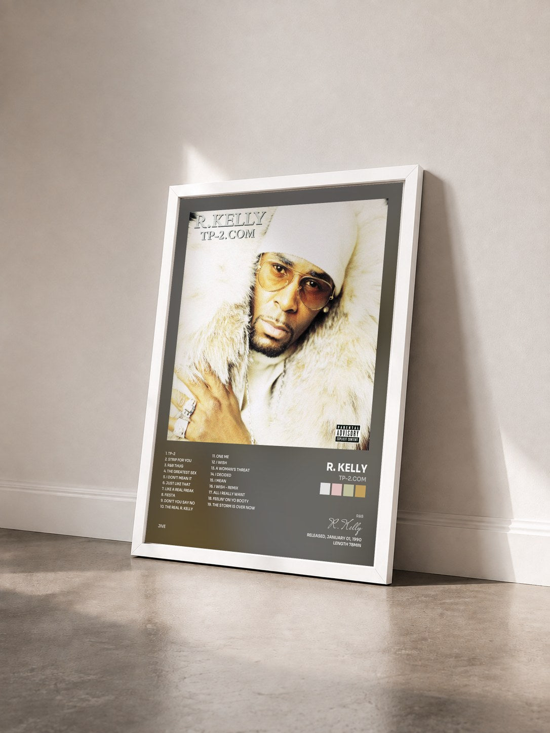 #blanc Tableau de l'album TP-2.com de R. Kelly vu de trois quarts, cadre blanc