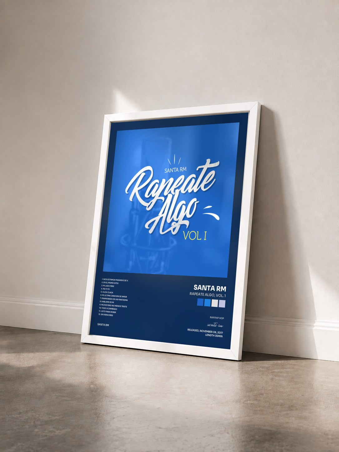 #blanc Tableau de l'album Rapeate Algo, vol. 1 de santa rm vu de trois quarts, cadre blanc