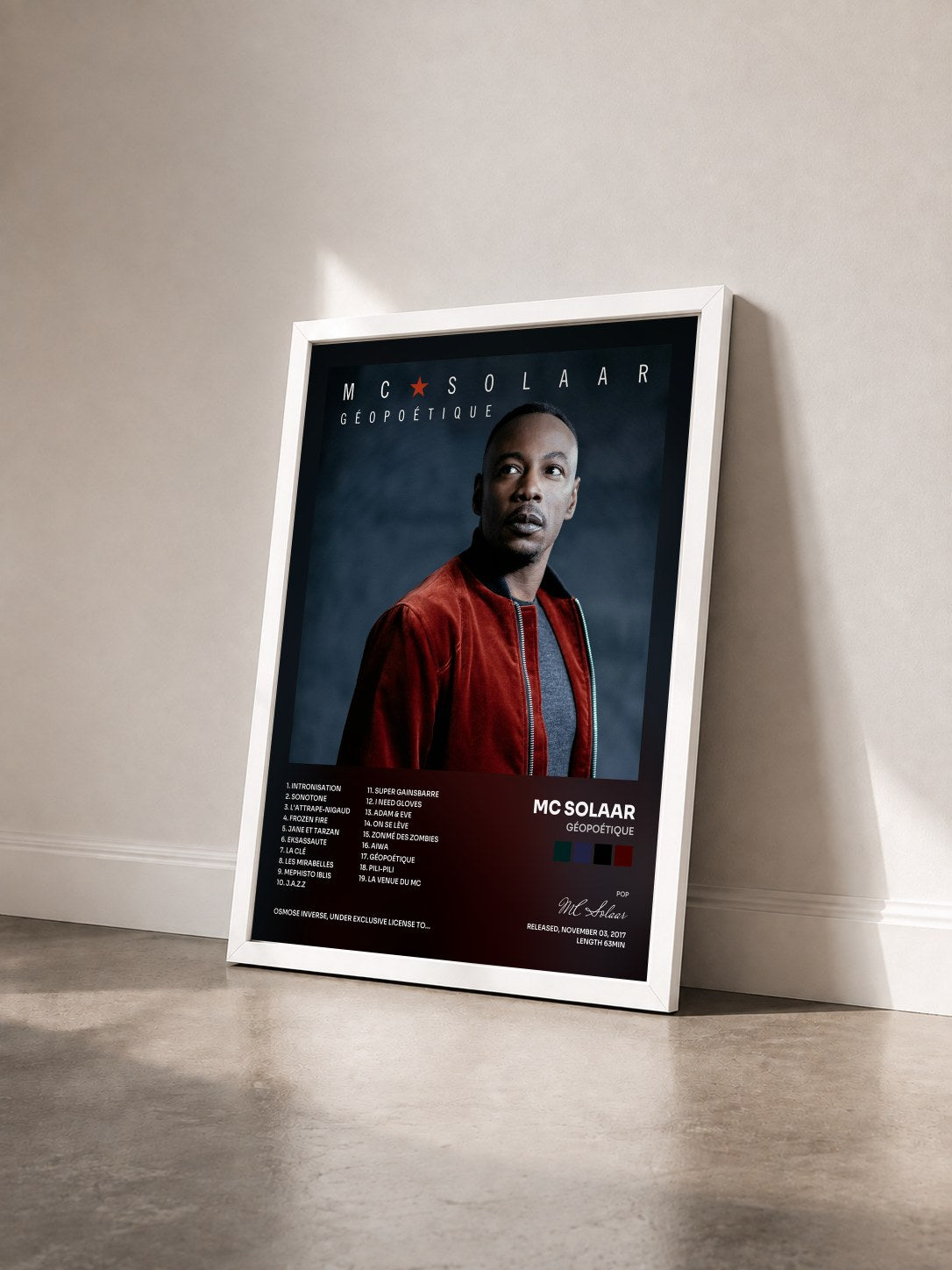 #blanc Tableau de l'album Géopoétique de MC Solaar vu de trois quarts, cadre blanc