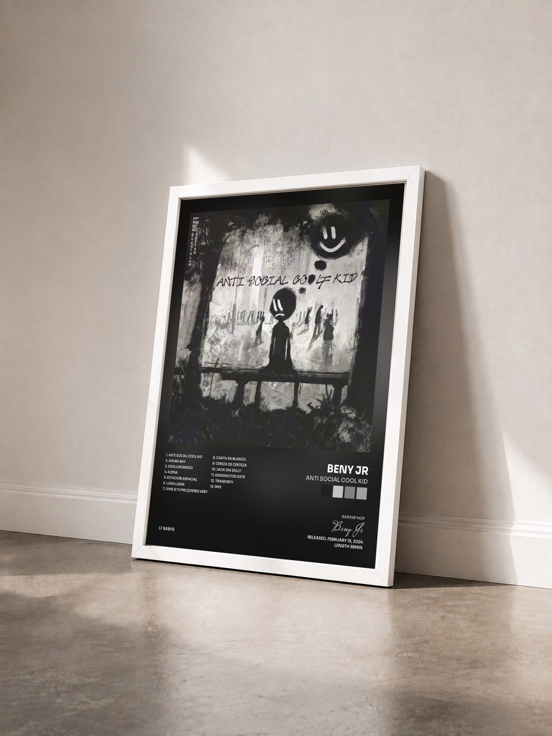 #blanc Tableau de l'album Anti Social Cool Kid de Beny Jr vu de trois quarts, cadre blanc