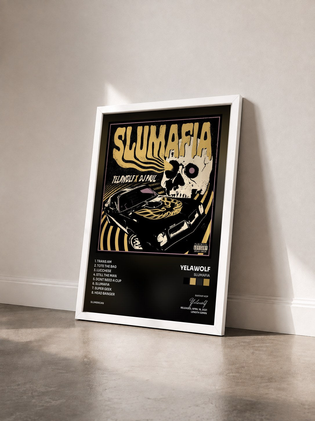 #blanc Tableau de l'album Slumafia de Yelawolf vu de trois quarts, cadre blanc