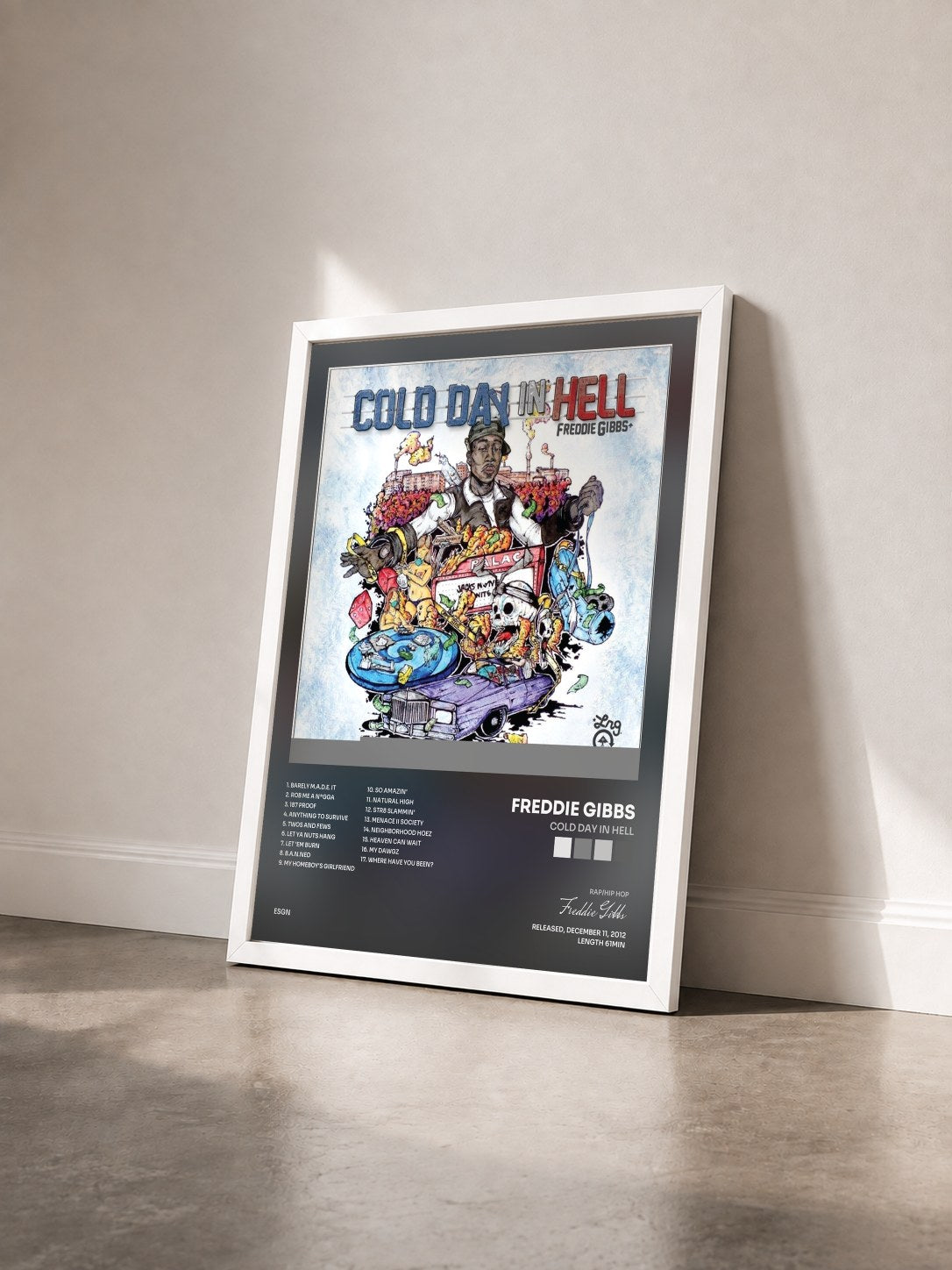#blanc Tableau de l'album Cold Day In Hell de Freddie Gibbs vu de trois quarts, cadre blanc
