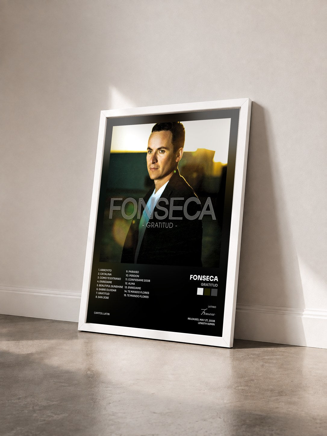 #blanc Tableau de l'album Gratitud de Fonseca vu de trois quarts, cadre blanc