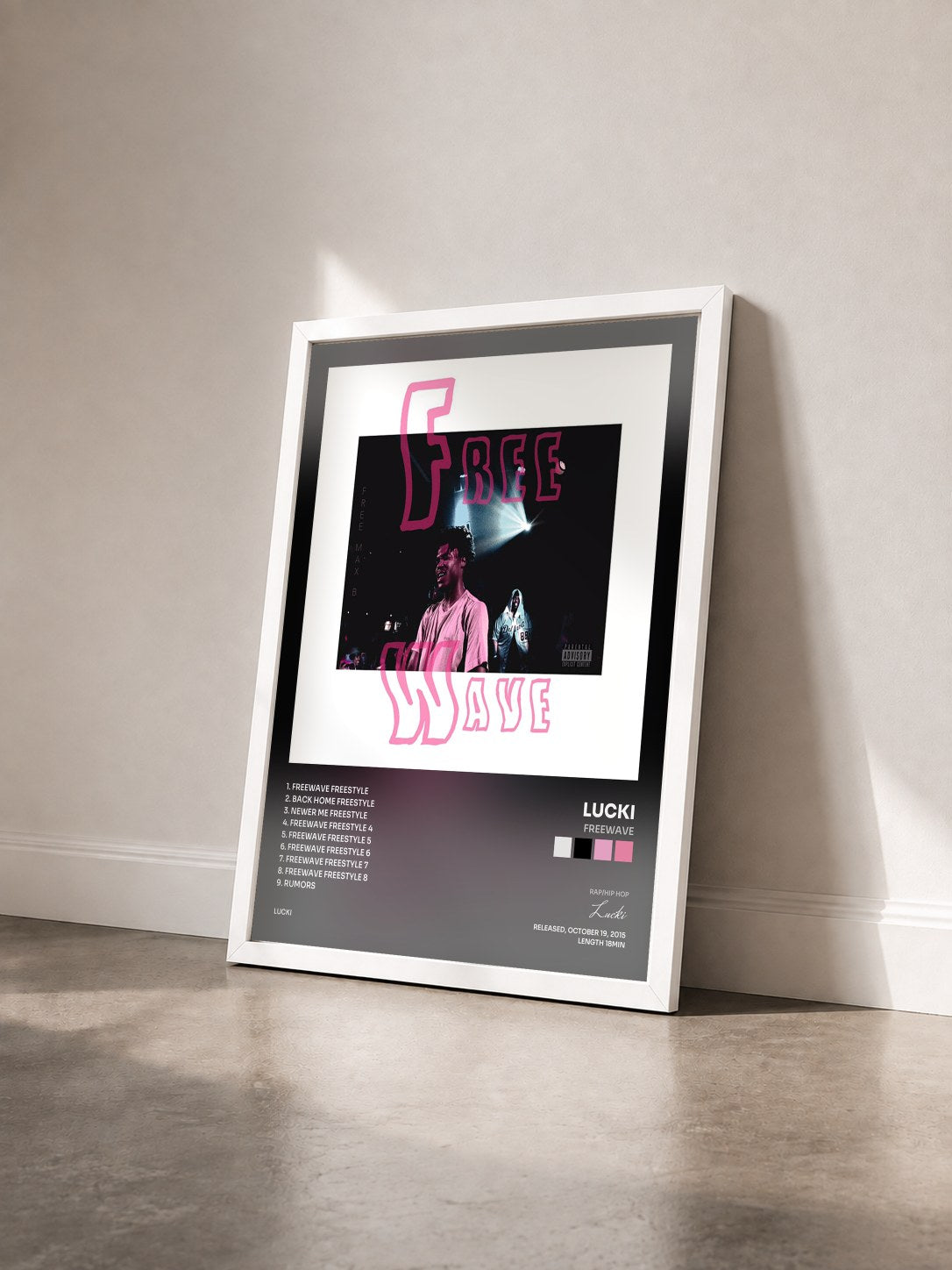 #blanc Tableau de l'album Freewave de Lucki vu de trois quarts, cadre blanc