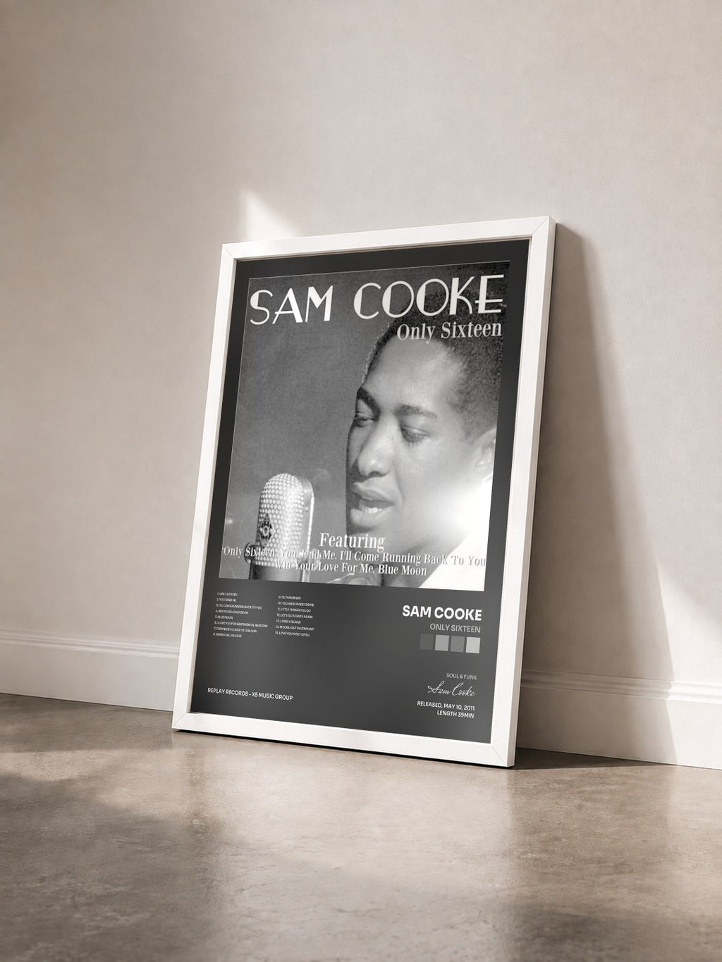 #blanc Only Sixteen by Sam Cooke as a framed art print seen at an angle, white frame