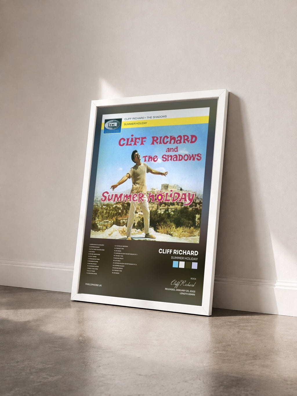 #blanc Tableau de l'album Summer Holiday de Cliff Richard vu de trois quarts, cadre blanc