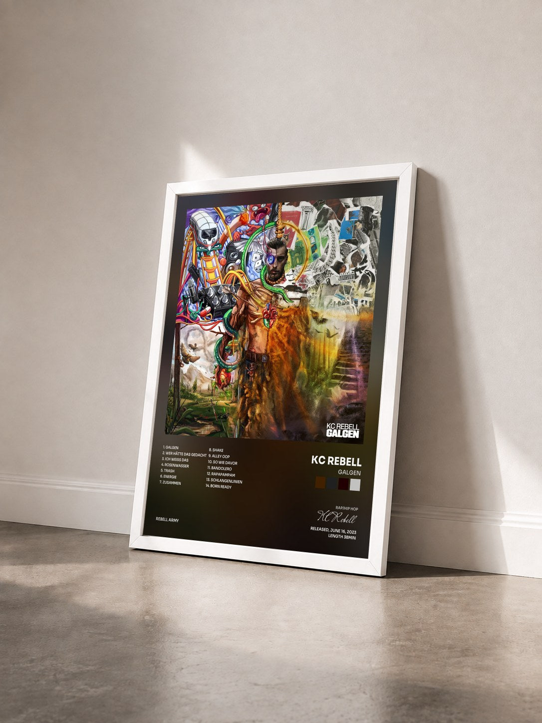 #blanc Tableau de l'album GALGEN de KC Rebell vu de trois quarts, cadre blanc