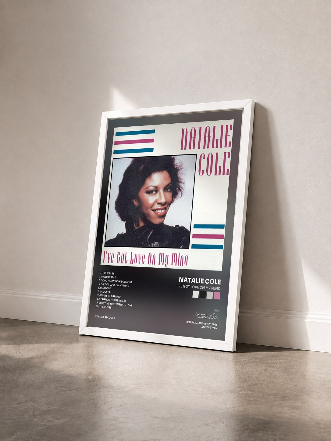 #blanc Tableau de l'album I've Got Love On My Mind de Natalie Cole vu de trois quarts, cadre blanc