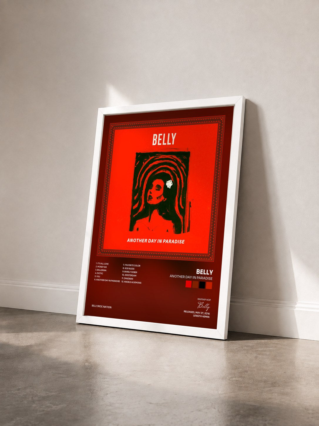 #blanc Tableau de l'album Another Day In Paradise de Belly vu de trois quarts, cadre blanc