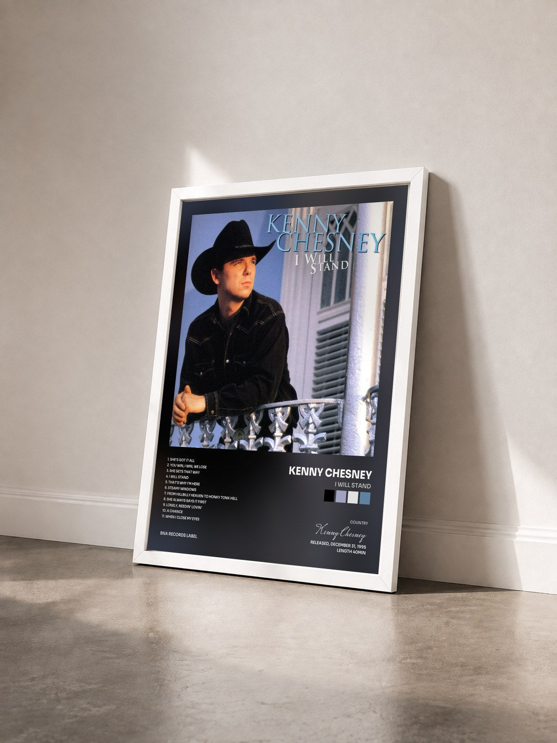 #blanc Tableau de l'album I Will Stand de Kenny Chesney vu de trois quarts, cadre blanc