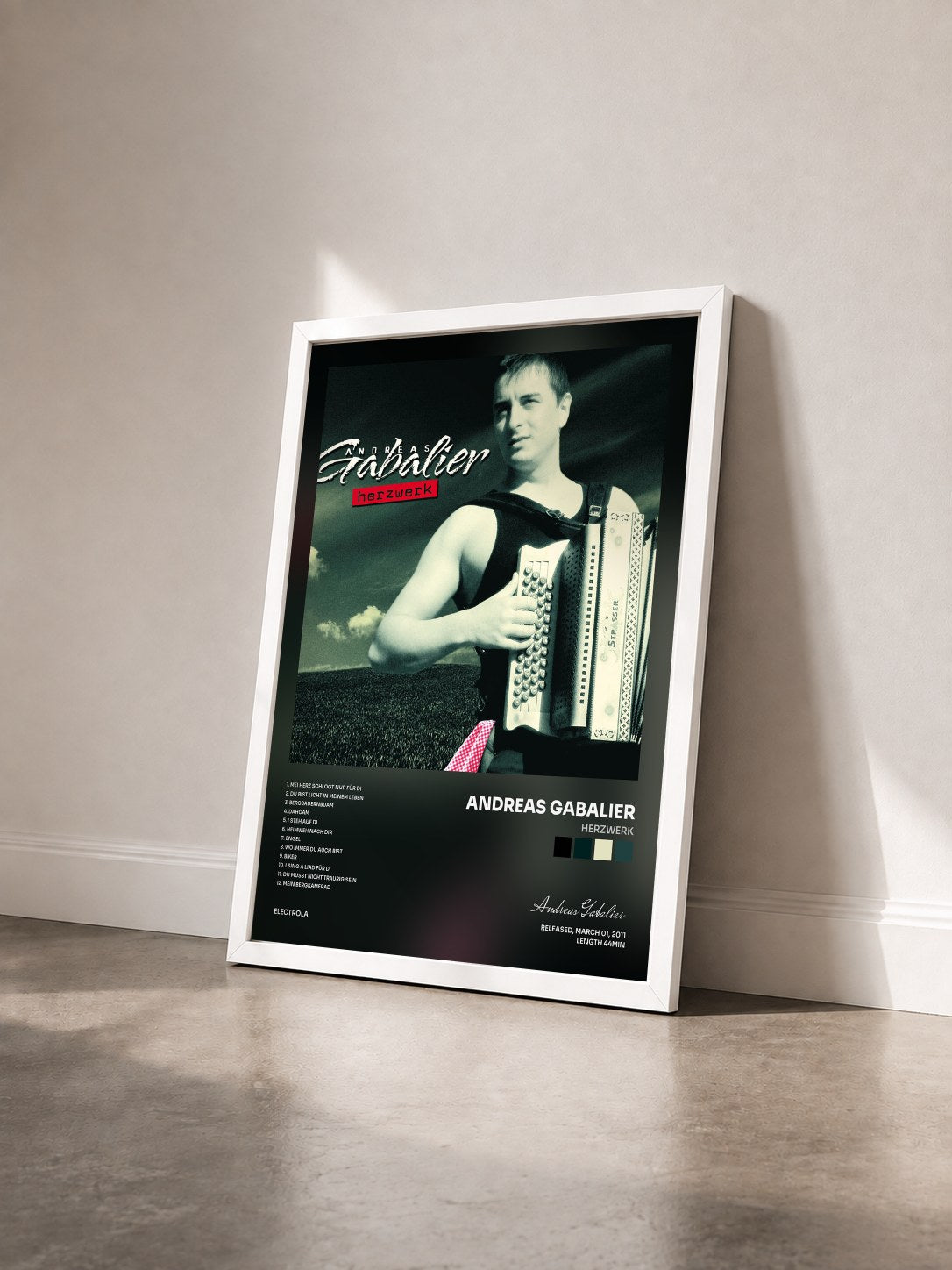 #blanc Tableau de l'album Herzwerk de Andreas Gabalier vu de trois quarts, cadre blanc