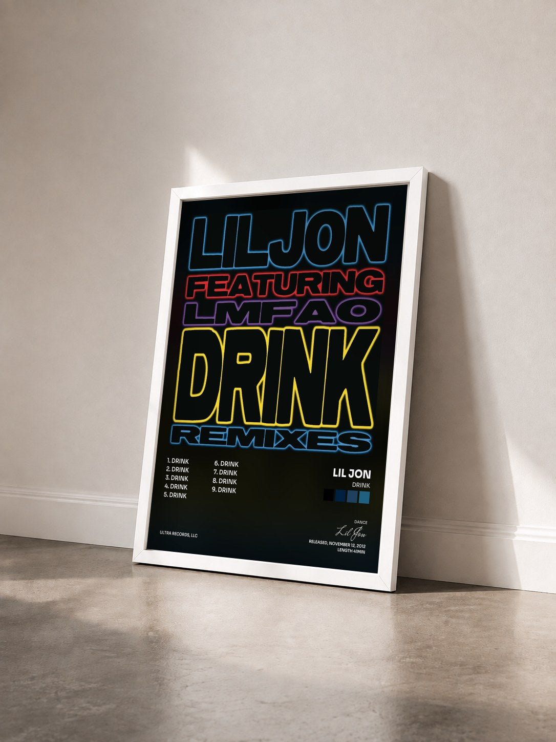 #blanc Tableau de l'album Drink de Lil Jon vu de trois quarts, cadre blanc