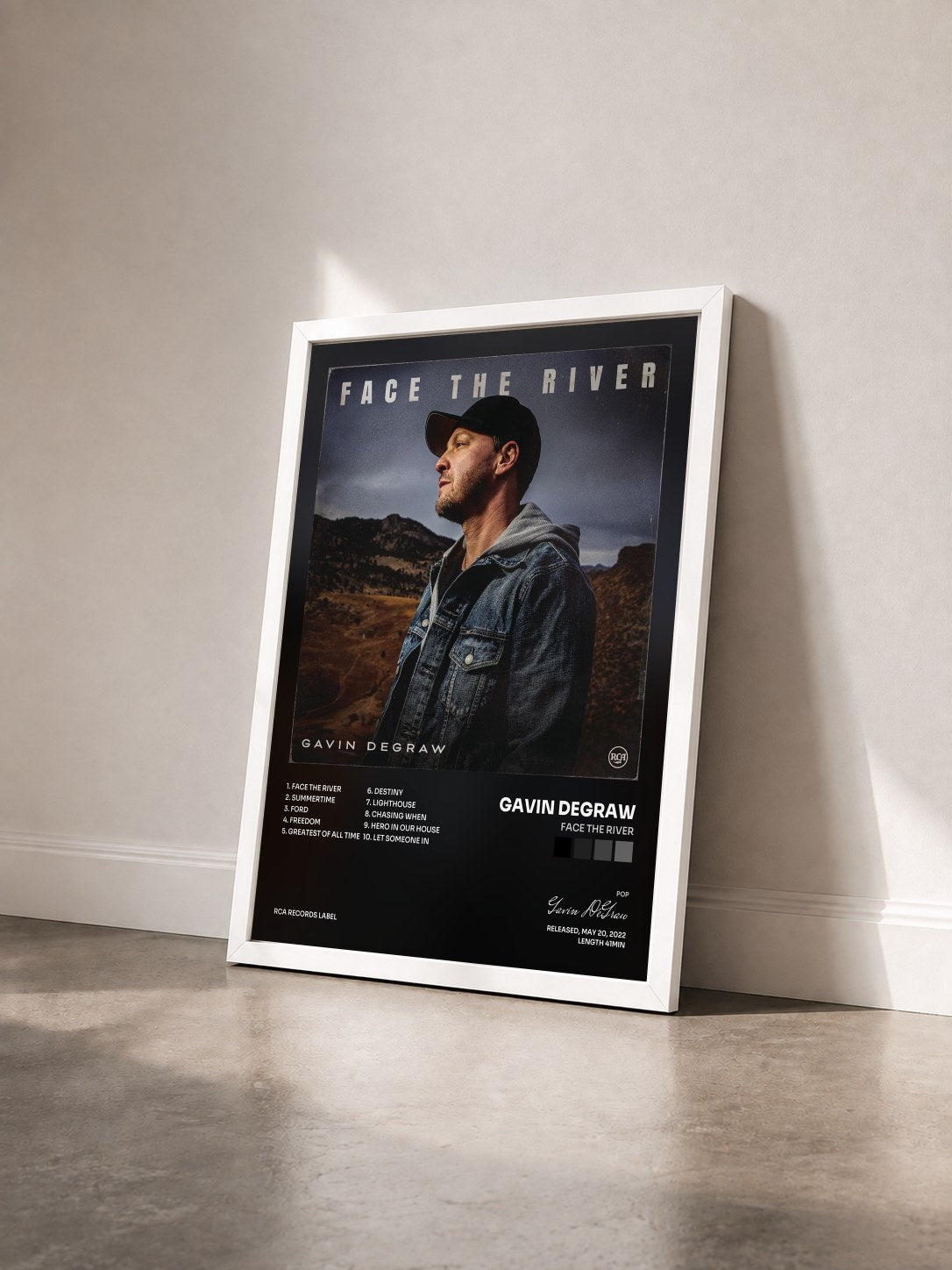 #blanc Tableau de l'album Face The River de Gavin DeGraw vu de trois quarts, cadre blanc