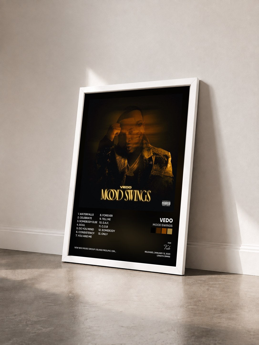#blanc Tableau de l'album Mood Swings de Vedo vu de trois quarts, cadre blanc