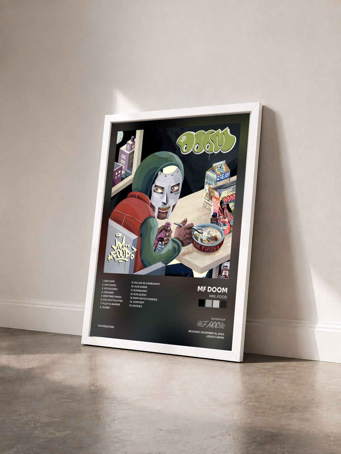 #blanc Tableau de l'album MM..FOOD de MF DOOM vu de trois quarts, cadre blanc