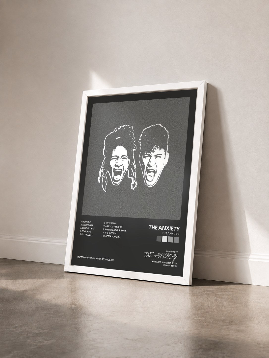 #blanc Tableau de l'album THE ANXIETY de THE ANXIETY vu de trois quarts, cadre blanc