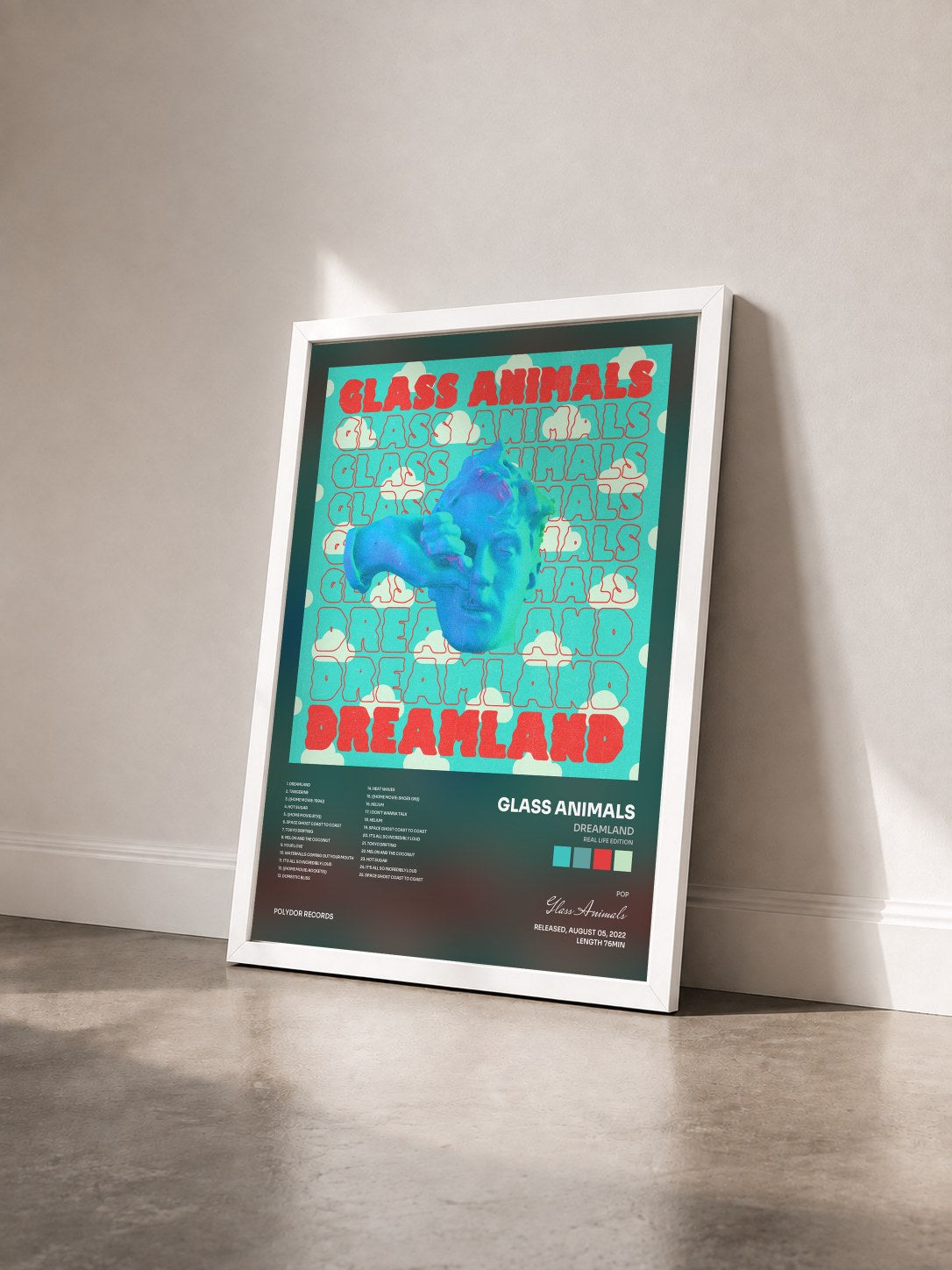 #blanc Tableau de l'album Dreamland (Real Life Edition) de Glass Animals vu de trois quarts, cadre blanc