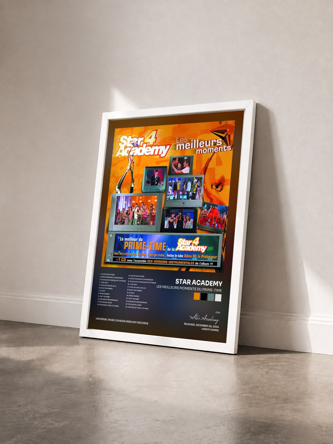 #blanc Tableau de l'album Les Meilleurs Moments Du Prime-Time de Star Academy vu de trois quarts, cadre blanc