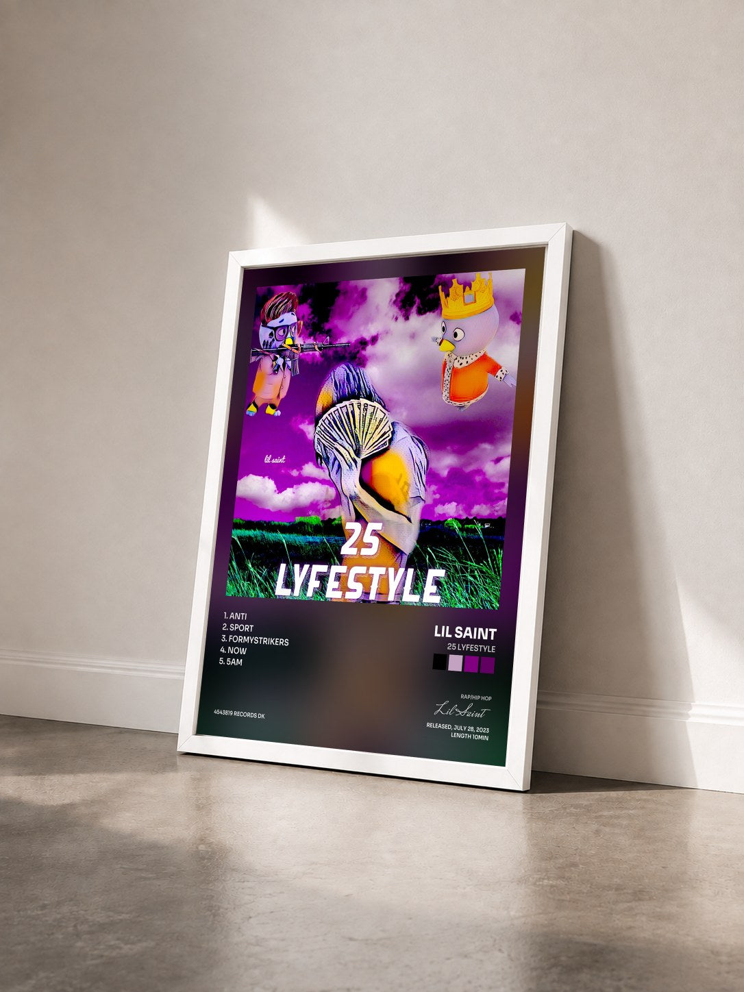 #blanc Tableau de l'album 25 LYFESTYLE de Lil Saint vu de trois quarts, cadre blanc