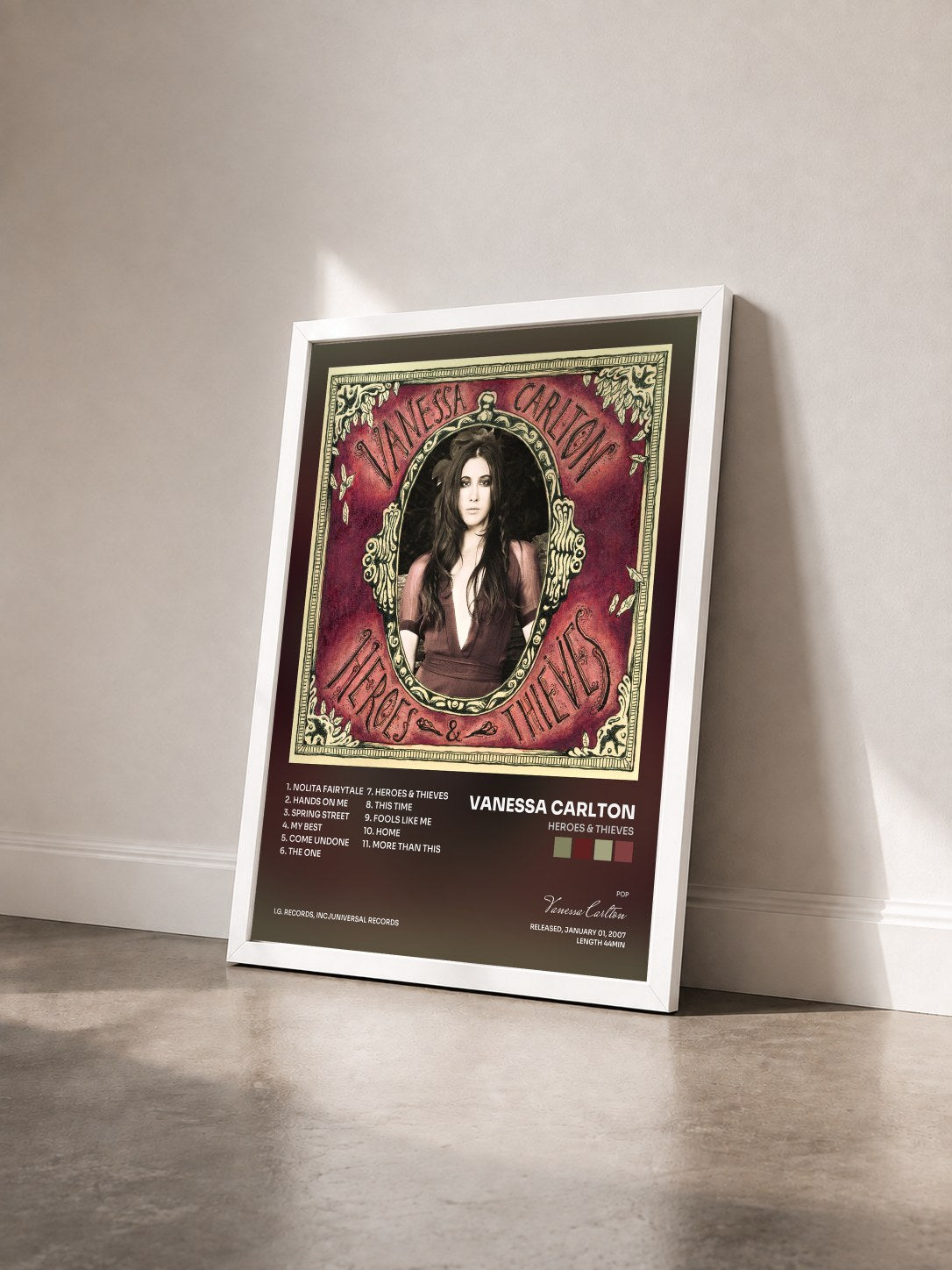 #blanc Tableau de l'album Heroes & Thieves de Vanessa Carlton vu de trois quarts, cadre blanc