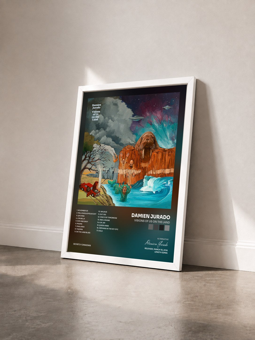 #blanc Tableau de l'album Visions of Us on the Land de Damien Jurado vu de trois quarts, cadre blanc