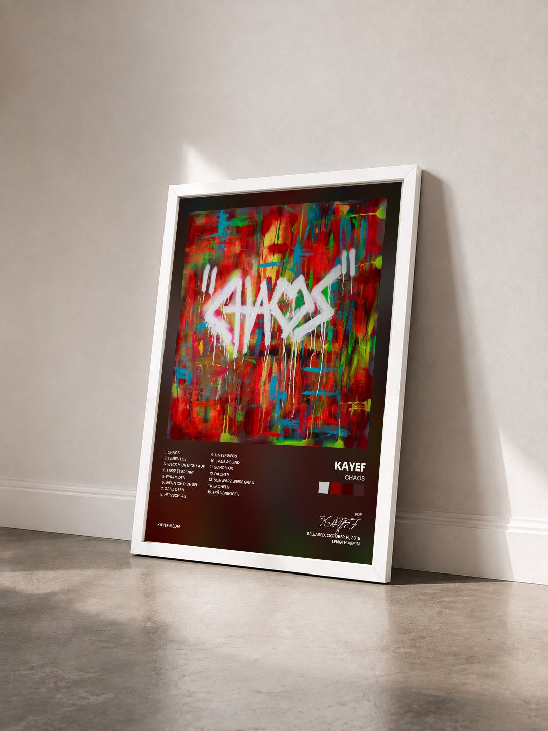 #blanc Tableau de l'album Chaos de KAYEF vu de trois quarts, cadre blanc