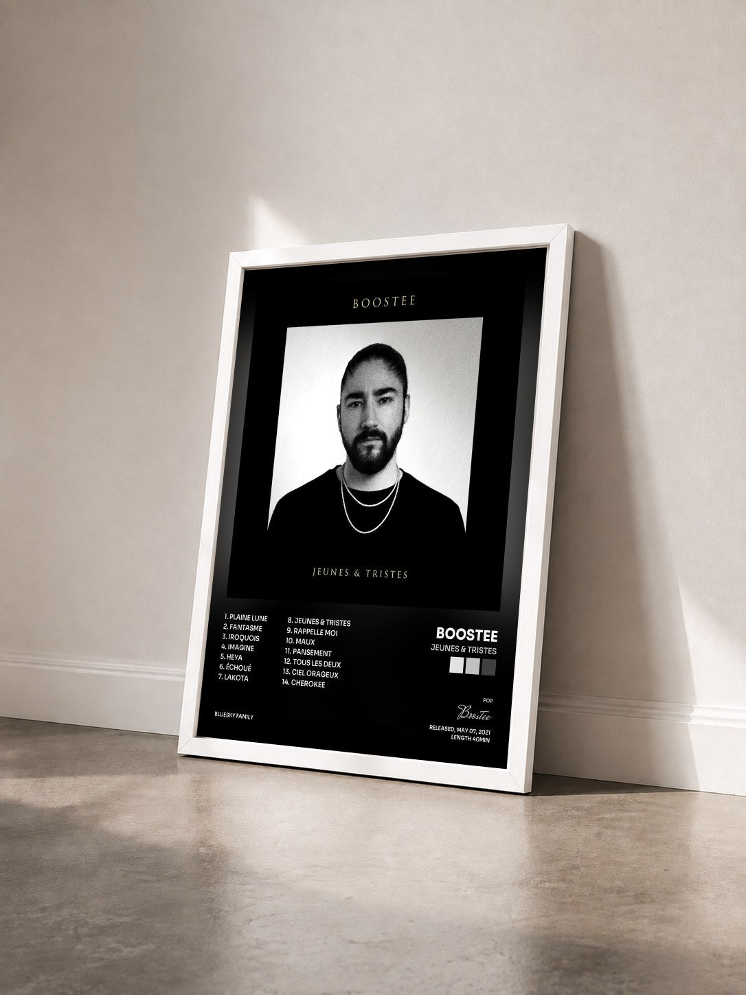 #blanc Tableau de l'album Jeunes & tristes de Boostee vu de trois quarts, cadre blanc