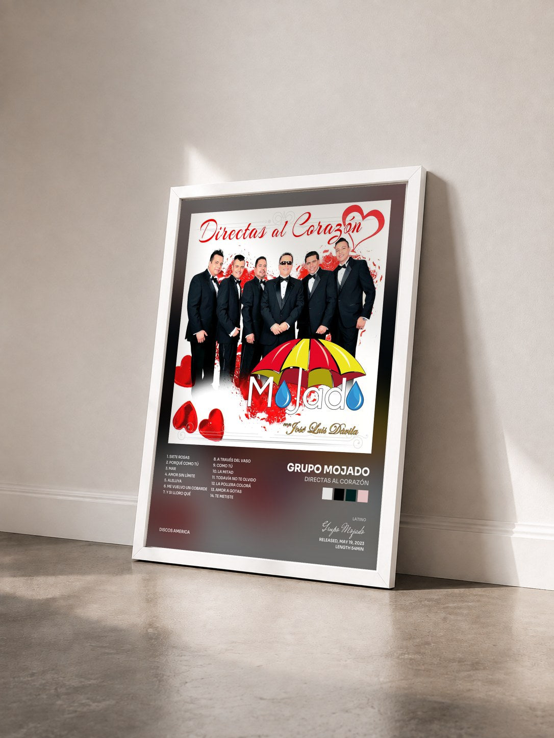 #blanc Tableau de l'album Directas al Corazón de Grupo Mojado vu de trois quarts, cadre blanc