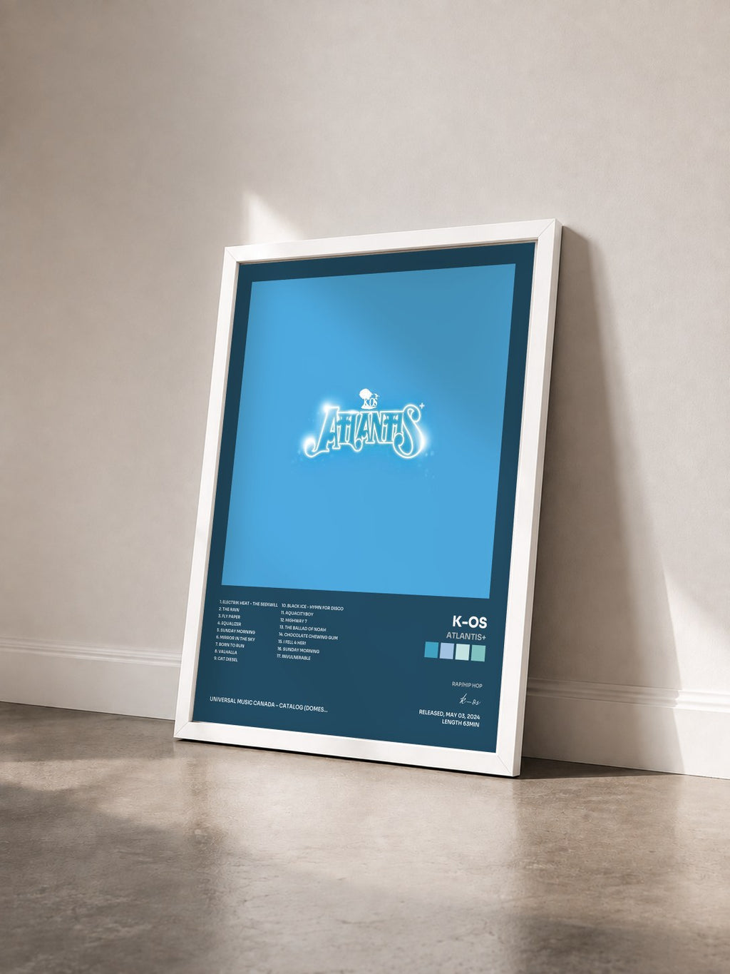 #blanc Tableau de l'album Atlantis+ de k-os vu de trois quarts, cadre blanc