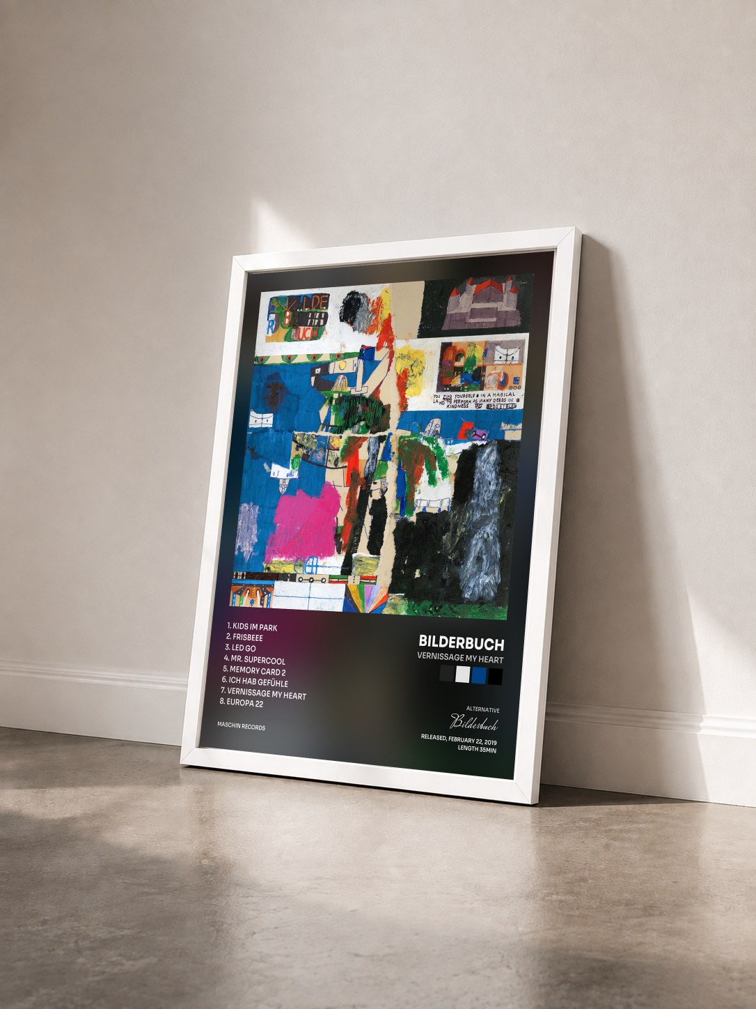 #blanc Tableau de l'album Vernissage My Heart de Bilderbuch vu de trois quarts, cadre blanc