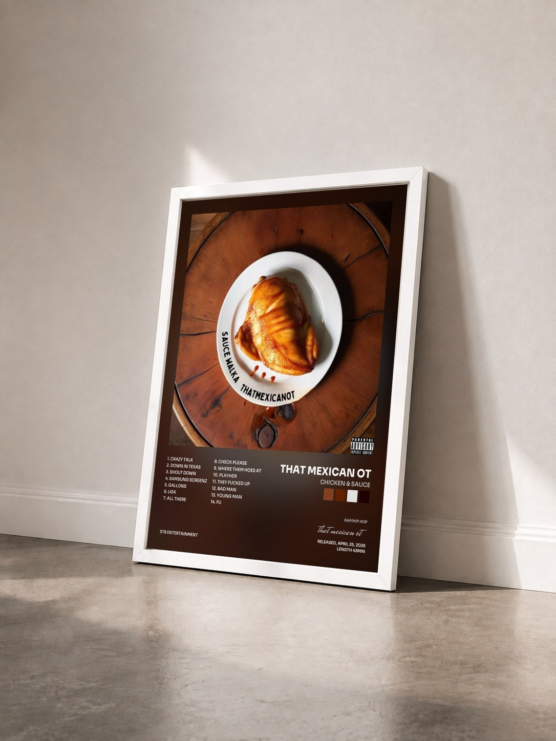 #blanc Tableau de l'album Chicken & Sauce de that mexican ot vu de trois quarts, cadre blanc